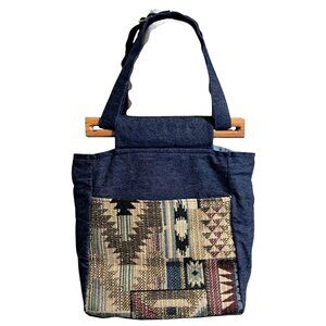 Handcrafted Denim Tote Bag With Wooden‎ Handles & Southwestern Patterned Pockets